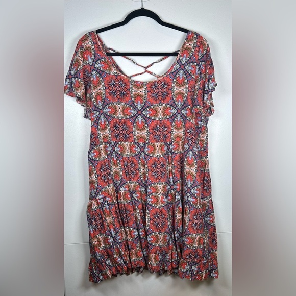 Balletcore JODIFL Red/Blue Patterned Mini Dress w/ Criss Cross Back. Size Large - Picture 1 of 9